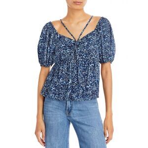 AQUA Boho Puff Sleeve Blue Floral Print Top